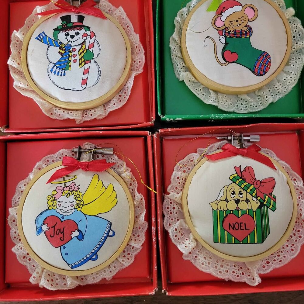 Vintage 1985 Heart Warmers Wood & Cloth Christmas Ornaments Lot of 4